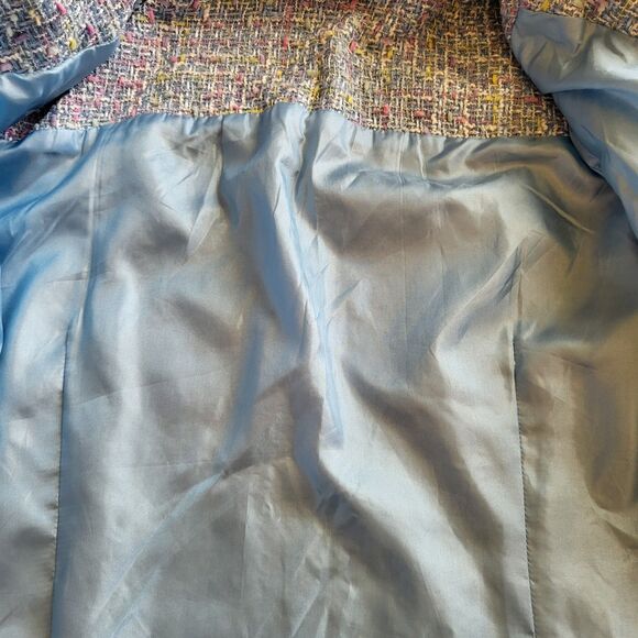 Womens Tweed Button Front Jacket Coat Blue Multi Fringe Trim Textured Chic Sm-M - Picture 9 of 10